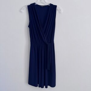Tahari Blue Wrap Dress S Sleeveless V Neck Tie Waist Made USA
